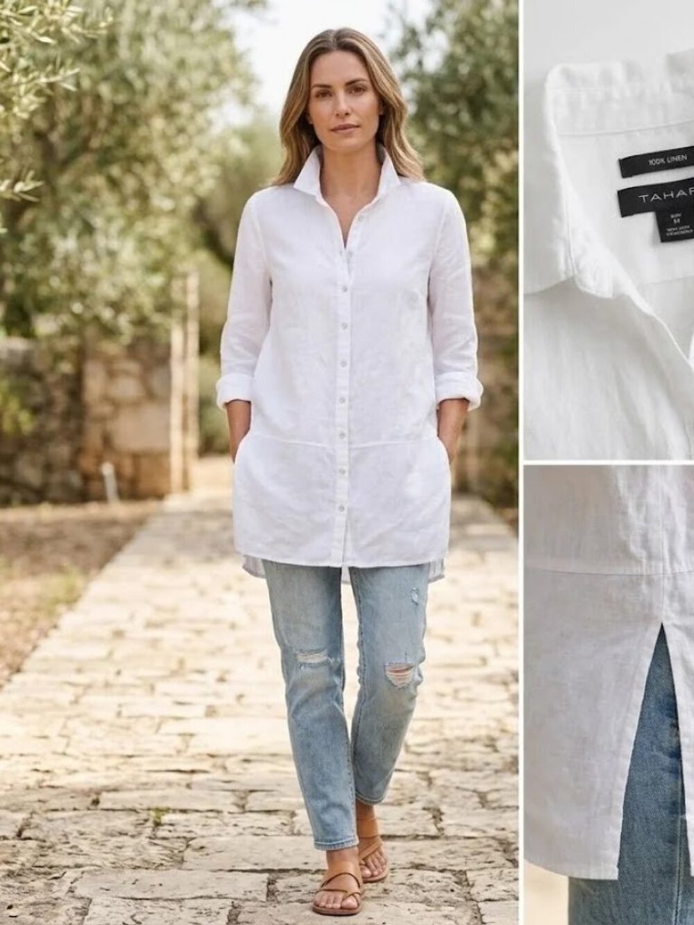 Tahari 100% Linen White Roll-Tab Sleeves Button Down Shirt Tunic Top M